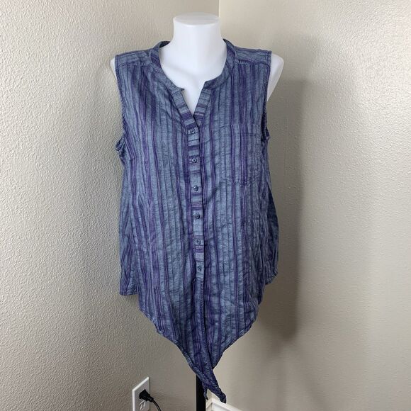 Ariat Sleeveless Top Knot Tie Button Front Women’s Sz XL Denim Blue Stripe Shirt - Picture 2 of 7